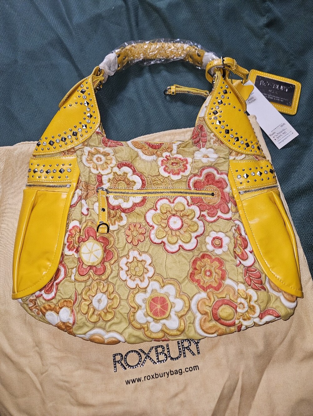 NWT Roxbury Large Floral Puffed Leather Handbag Boho Chic Cottage Hobo Purse Bag